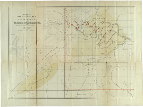 Map of the Gold Placers and Route of the Aqueduct of the Nacoochee Hydraulic Mining Co. White County (later Habersham)