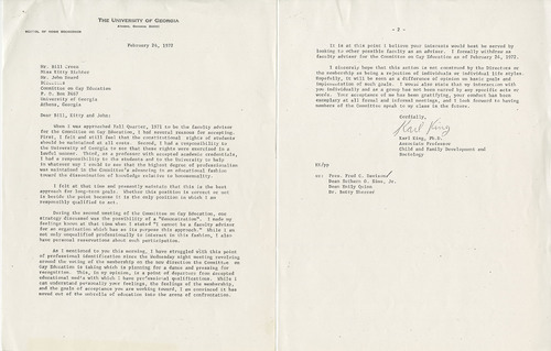 Letter, Dr. Karl King to officers of the Committee on Gay Education, 1972 February 24