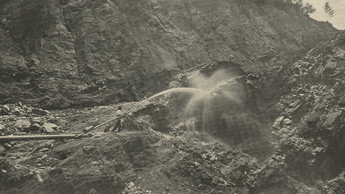 Photograph, Hydraulic Mining in the Decomposed Auriferous Slates, with their Vein Content, at the Singleton Mine, Dahlonega, Georgia, in A Preliminary Report on a Part of the Gold Deposits of Georgia, 1896