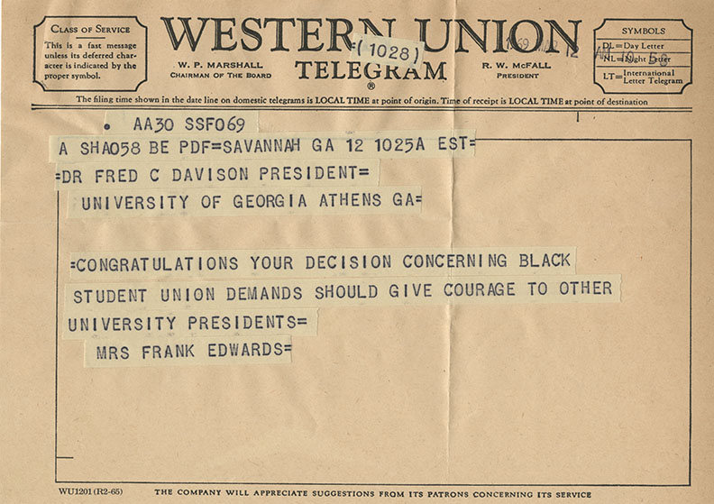 Telegram To Dr Fred Davison President Of The University Of Georgia