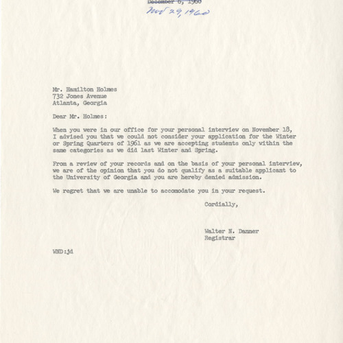 Letter, Athens, Georgia, to Hamilton Holmes from Walter Danner (university registrar), rejecting his application to the University of Georgia, 1960 November 29