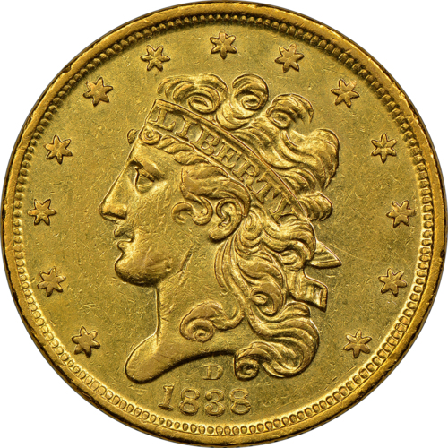 Gold coin, 5 dollars, front view, Dahlonega, 1838