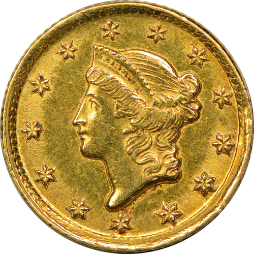 Gold coin, 1 dollar, front view, Dahlonega, 1849