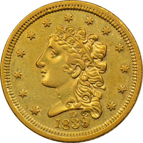 Gold coin, 2.5 dollars, front view, Dahlonega, 1839