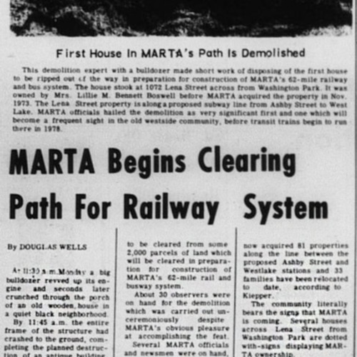 Article, &quot;MARTA Begins Clearing Path For Railway System,&quot; Atlanta Daily World, February 15, 1974