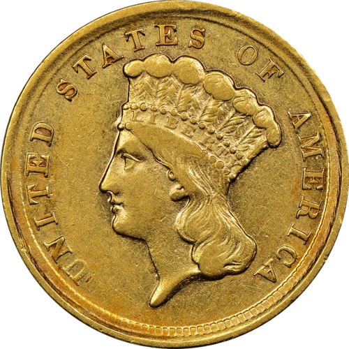 Gold Coin, 3 dollars, front view, Dahlonega, 1854