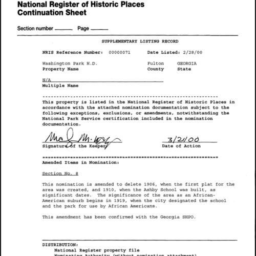 Document, Washington Park National Register of Historic Places Certification, February 28, 2000