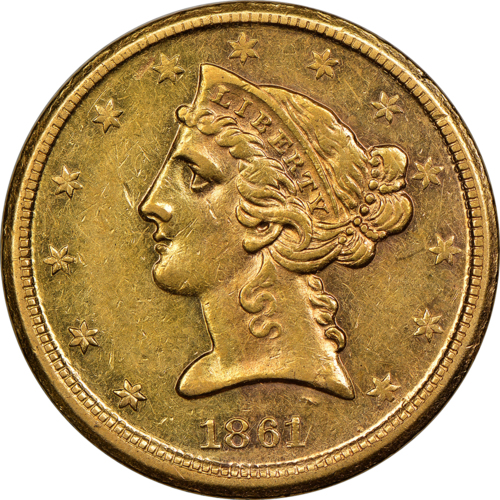 Gold coin, 5 dollars, front view, Dahlonega, 1861
