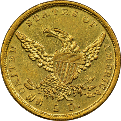 Gold coin, 5 dollars, reverse view, Dahlonega, 1838