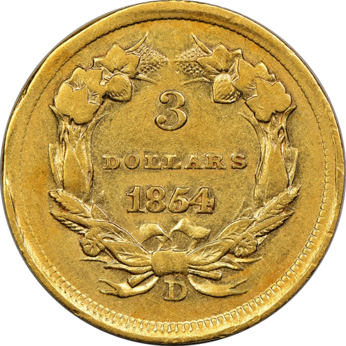 Gold coin, 3 dollars, reverse view, Dahlonega, 1854