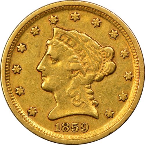 Gold coin, 2.5 dollars, front view, Dahlonega, 1859