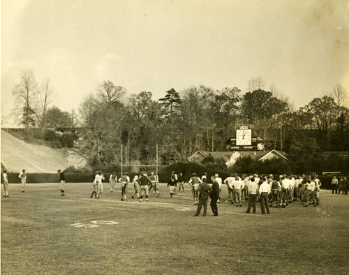 Football practice in Sanford Stadium, 1945